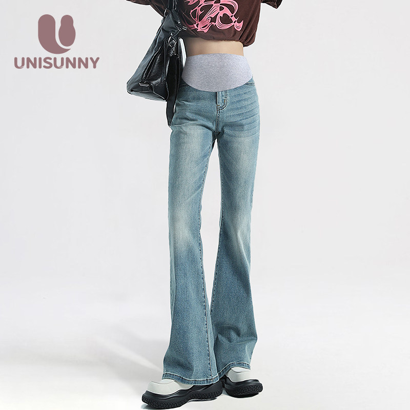 unisunny孕妇牛仔裤春秋外穿孕期不勒肚子托腹裤秋季微喇叭裤子