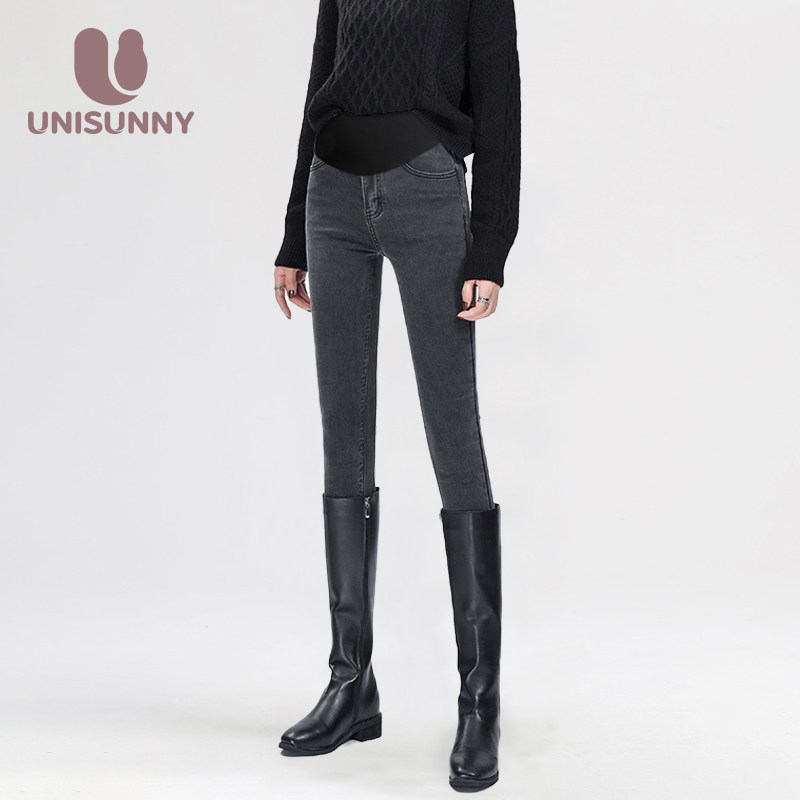 unisunny孕妇裤春秋外穿打底裤时尚款牛仔裤秋冬加绒小脚裤孕妇装