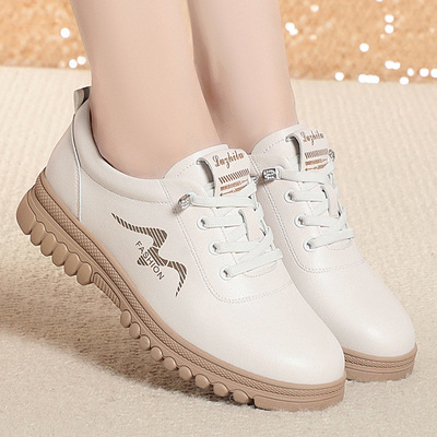 plover品牌真皮妈妈鞋春季款软皮女单鞋百搭平底舒适休闲皮鞋