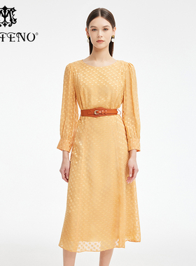 马天奴黄色波点连衣裙长款气质裙子配腰带时尚秋冬MRS164DRX0