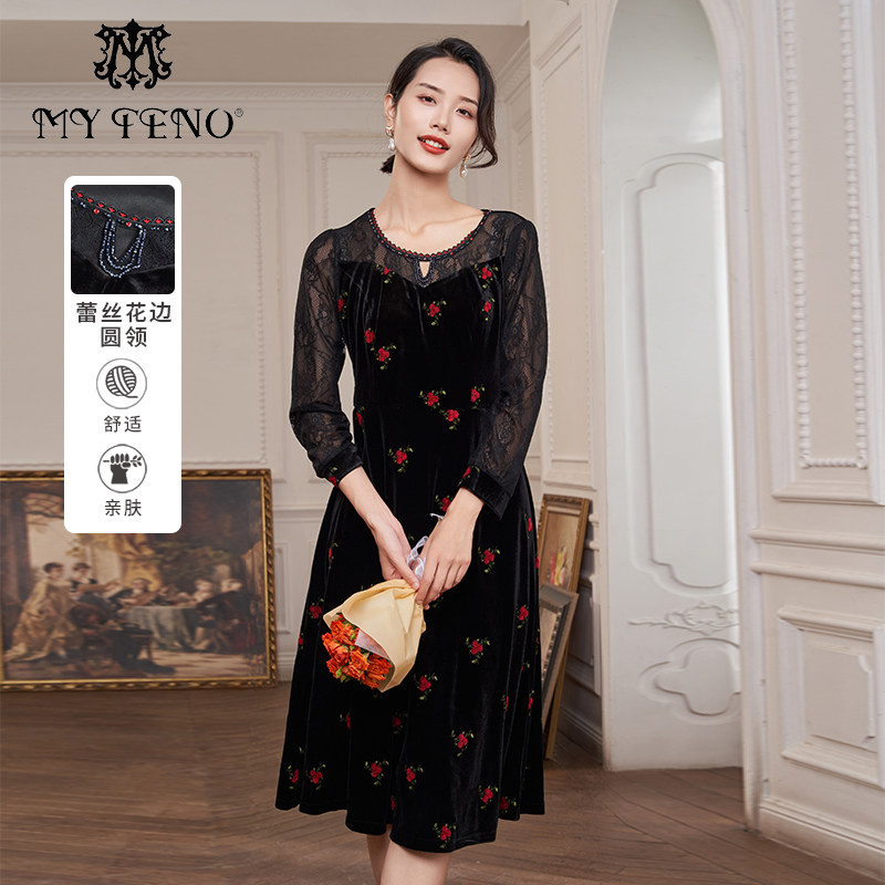 马天奴秋冬新款女蕾丝拼接丝绒连衣裙气质裙子高级感长裙宴会礼裙,女装/女士精品,连衣裙,淘宝优惠券,粉丝福利购,淘宝优惠卷