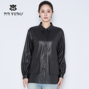 流行百搭女装 XJ天奴2025新款 黑色翻领绵羊皮夹克皮衣宽松外套时尚