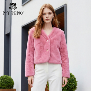 马天奴秋冬新款粉色V领金貂绒外套超短款环保仿皮草时尚轻奢女装