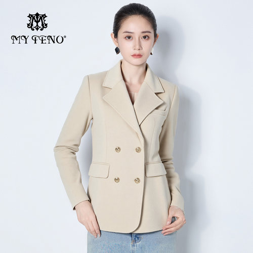 马天奴杏色翻领双排扣西装外套