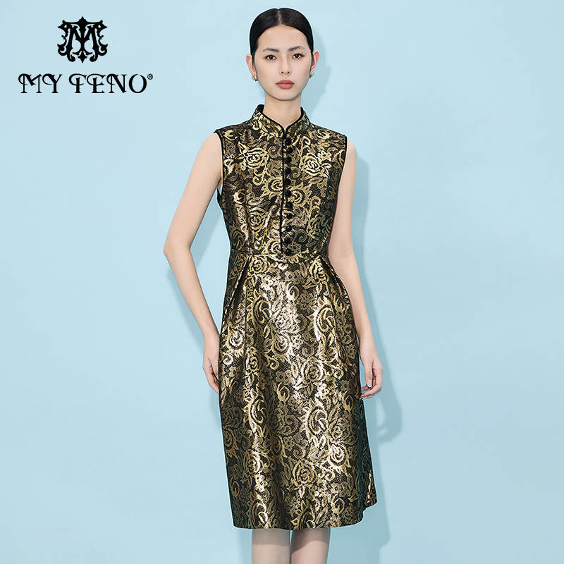 马天奴金色印花新中式皮旗袍裙