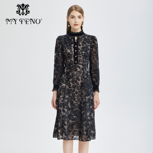 专柜正品 长裙礼裙 马天奴秋冬秋冬黑色立领烧花连衣裙裙子高级时尚