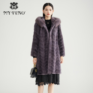 款 马天奴冬季 女丁茶色毛领连帽皮草大衣保暖外套时尚 水貂毛