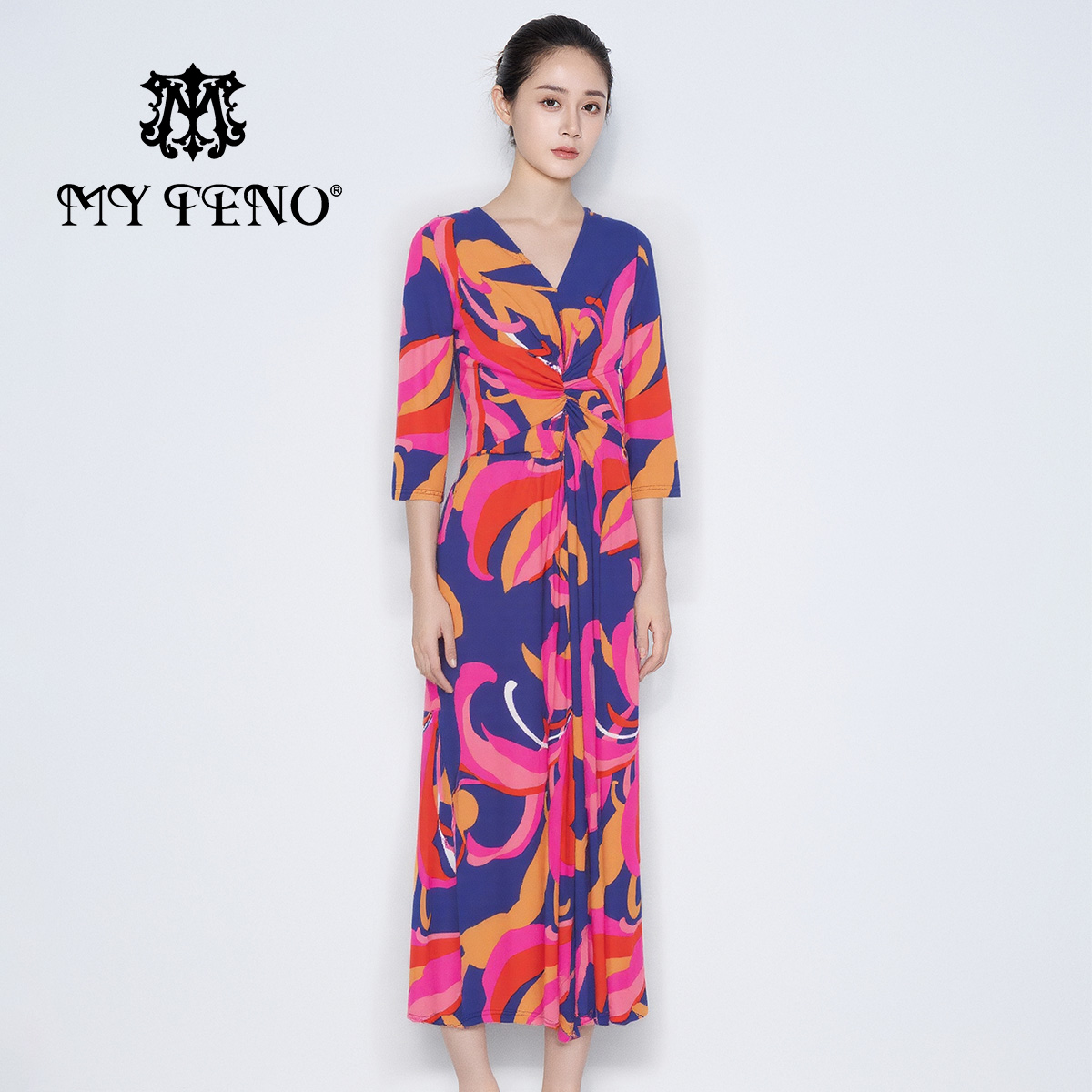 马天奴红色印花收腰连衣裙