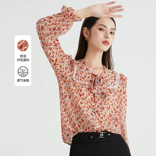 马天奴橙红色印花雪纺衬衫长袖衬衣系带领气质花边上衣春夏新款女