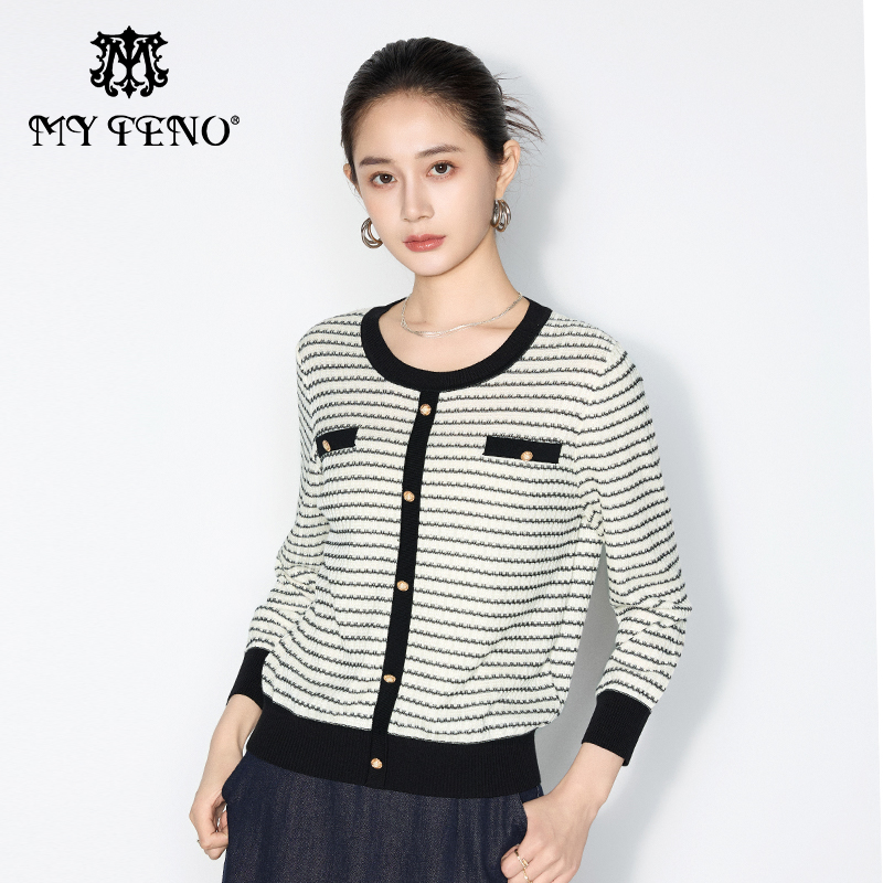 马天奴天丝条纹提花圆领针织衫