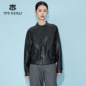 马天奴秋冬新款 百搭流行女装 黑色立领宽松短款 pu皮衣夹克外套时尚