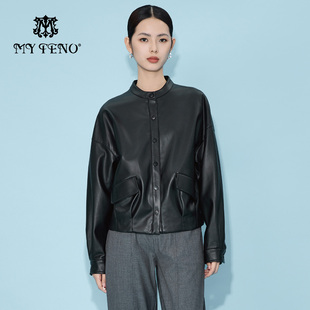 马天奴秋冬新款黑色立领宽松短款pu皮衣夹克外套时尚百搭流行女装