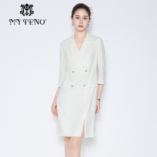 领连衣裙子 秋冬秋冬白色醋纤混纺双排扣西装 专柜正品 马天奴女装