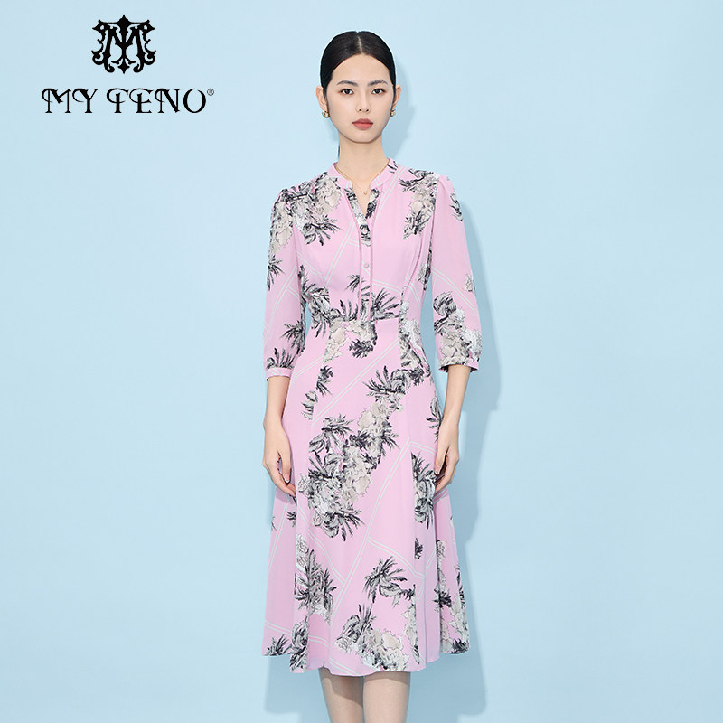 专柜正品马天奴秋粉色印花连衣裙子V领收腰时尚气质女时尚,女装/女士精品,连衣裙,淘宝优惠券,粉丝福利购,淘宝优惠卷