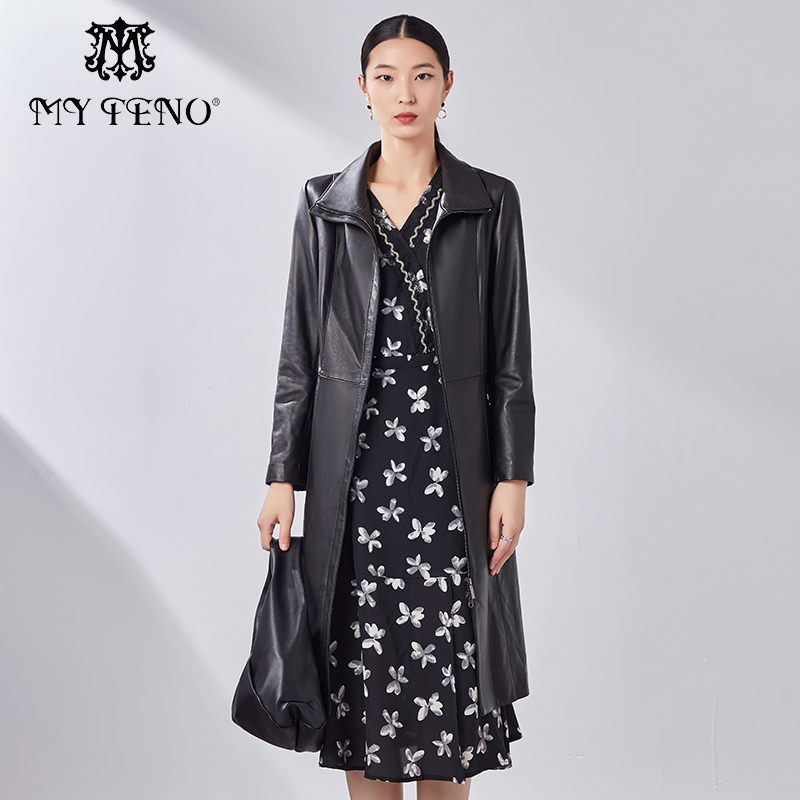 马天奴黑色翻领收腰皮衣外套