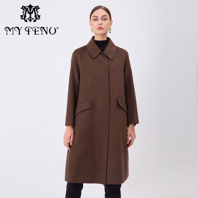 V冬季100%绵羊毛娃娃领A型中长款双面呢大衣