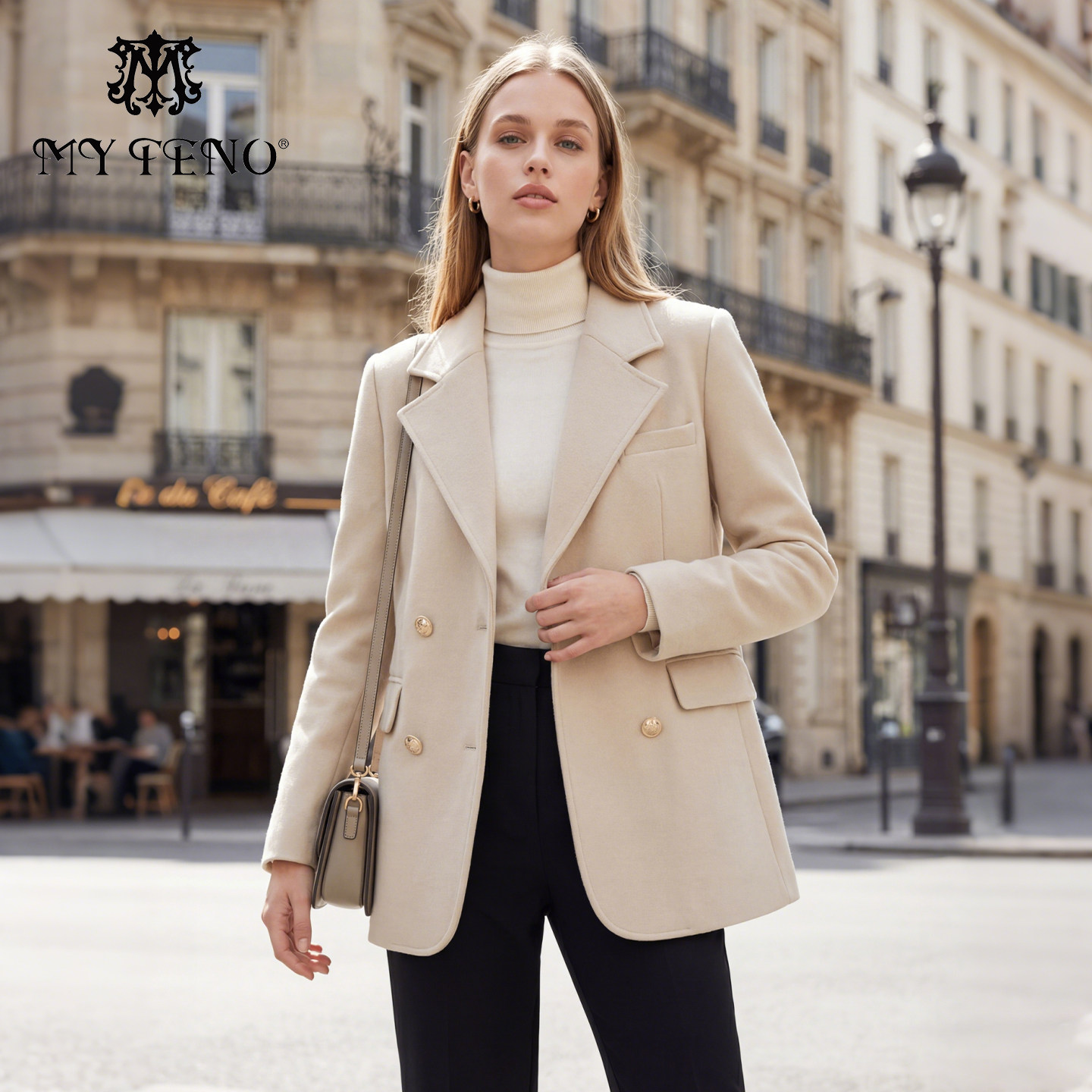 马天奴2025秋冬新款杏色翻领双排扣西装外套西服时尚通勤职场女装