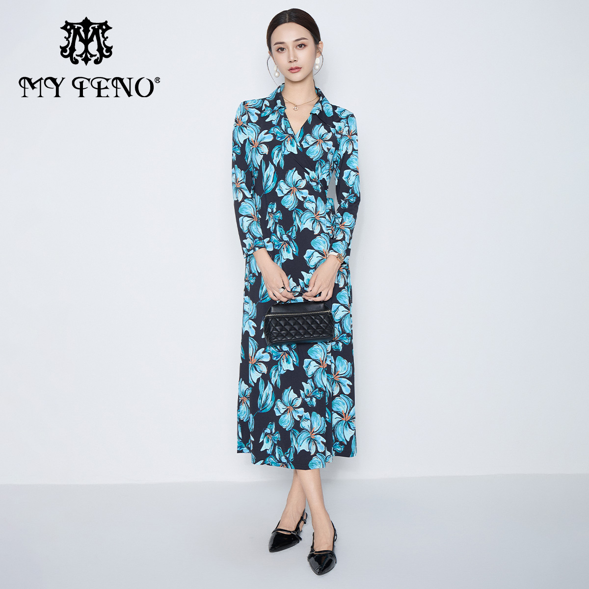 马天奴蓝色印花收腰连衣裙