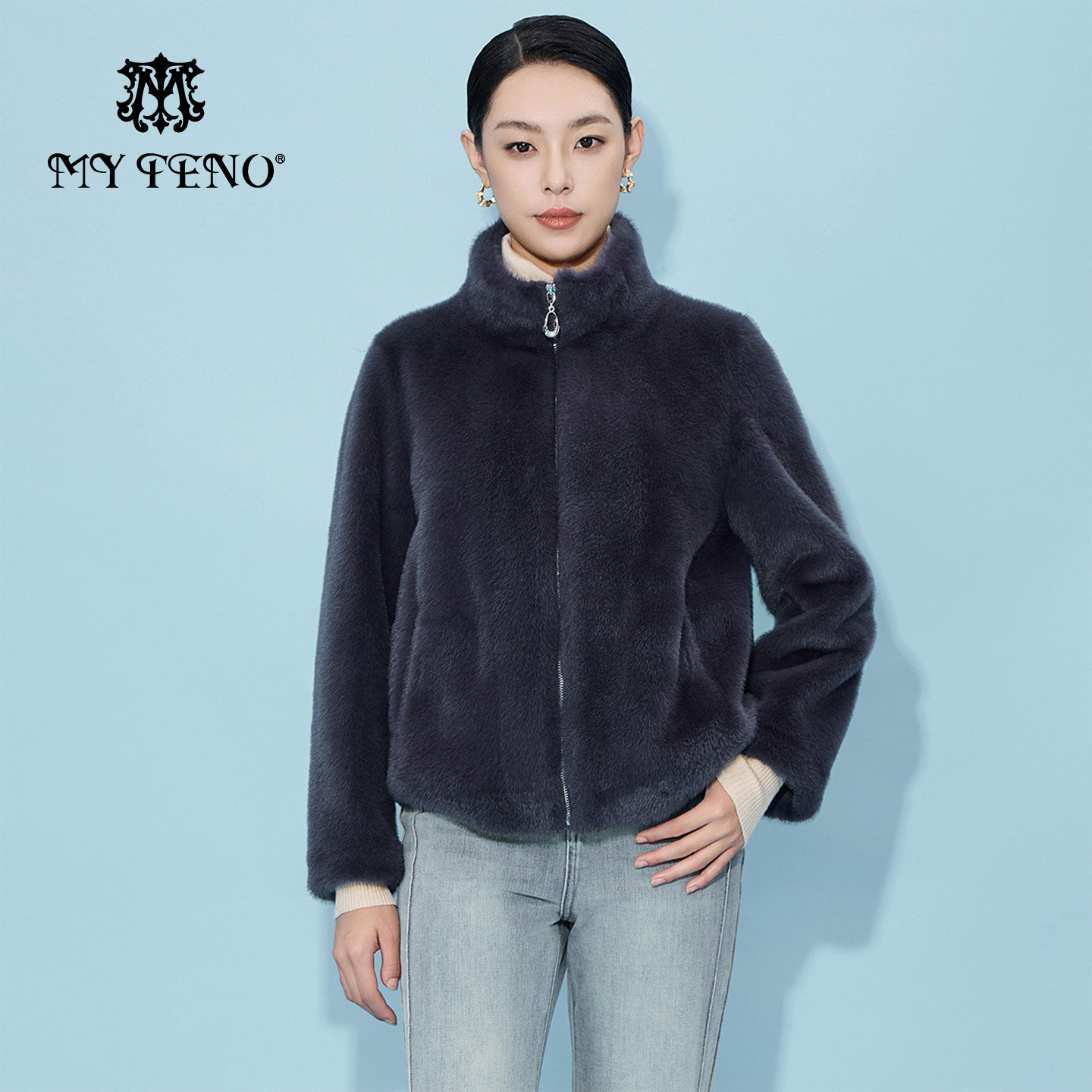 马天奴紫色立领拉链金貂绒外套