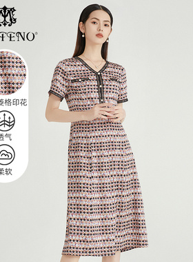 马天奴春秋新款黑色V领印花连衣裙收腰礼裙淑女约会短袖气质时尚