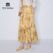 马天奴2025秋冬新款 松紧腰印花雪纺半身裙半裙子百褶长裙时尚 百搭