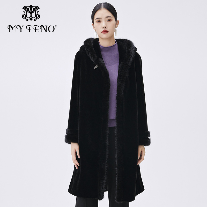【水貂毛领】马天奴女装年秋冬黑色长款皮草外套连帽长袖保暖轻奢