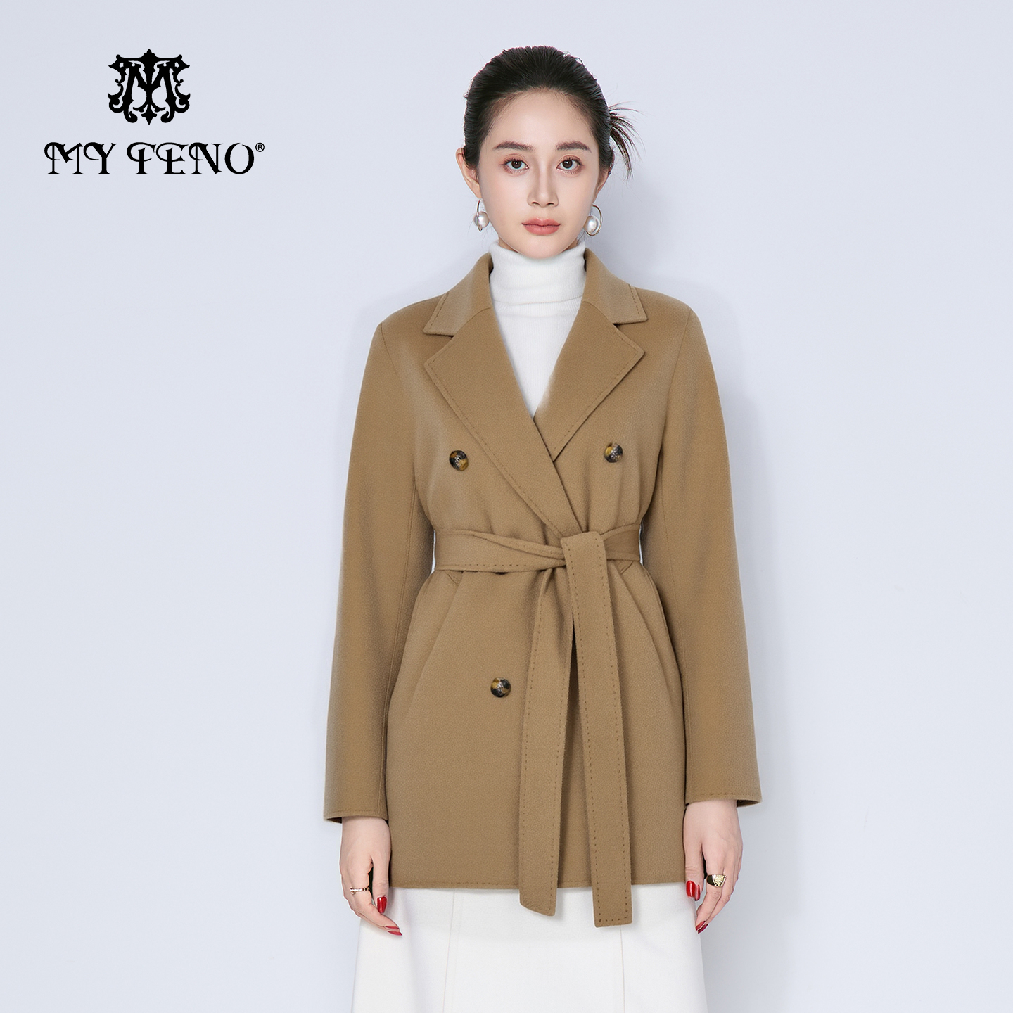 马天奴驼色羊毛混羊绒呢大衣