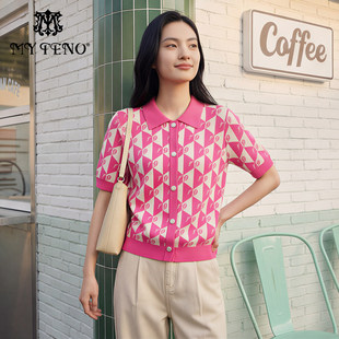 粉色提花针织衫 女装 翻领短袖 上衣百搭时尚 POLO衫 马天奴2026春新款