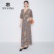 马天奴2025夏季 女 气质时尚 新款 棕色印花连衣裙子V领绑带收腰短袖