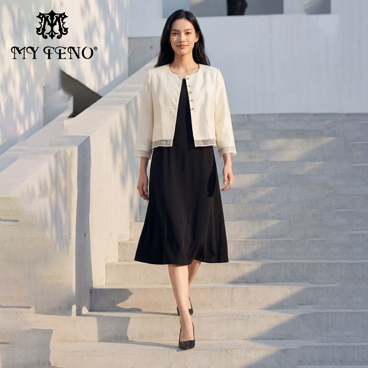 马天奴杏色短款外套连衣裙套装图片