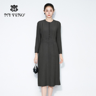 马天奴秋冬女装灰色绵羊毛混纺圆领收腰长袖连衣裙子复古气质法式