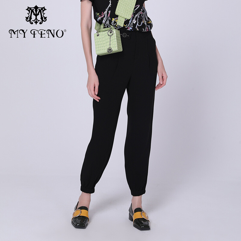 马天奴黑色直筒束脚休闲裤