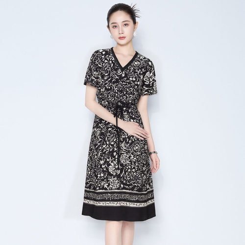 MY TENO/马天奴印花连衣裙女夏季V领收腰显瘦中长款气质百褶裙