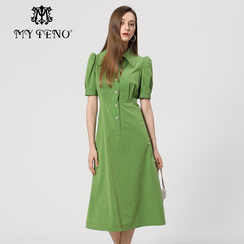 马天奴绿色翻领泡泡袖连衣裙