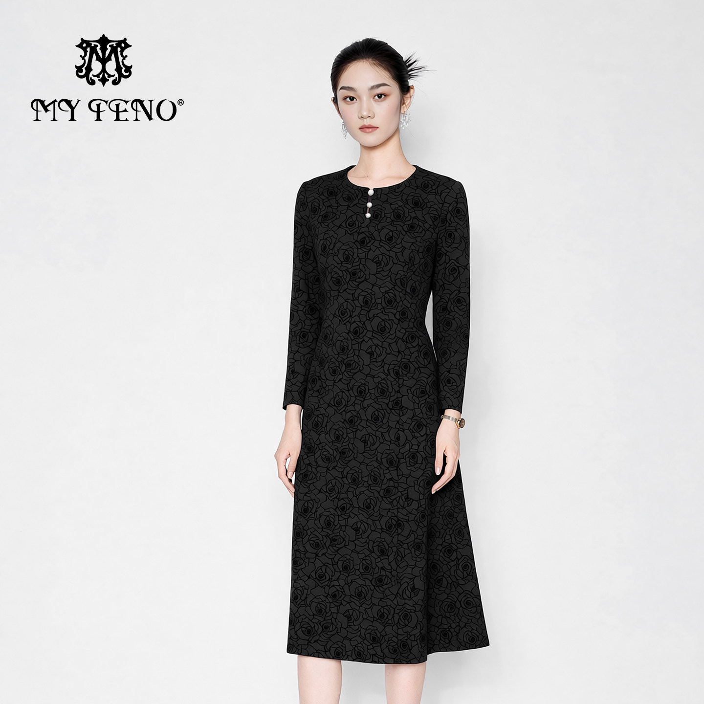 马天奴女装春秋新款提花圆领长袖收腰连衣裙子复古法式气质时尚女