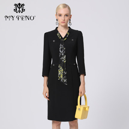 专柜正品马天奴秋冬V领印花雪纺连衣裙子度假风女MRS153DRX0