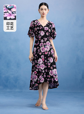 马天奴女装夏季新款黑色V领印花法式连衣裙收腰长裙气质时尚裙子