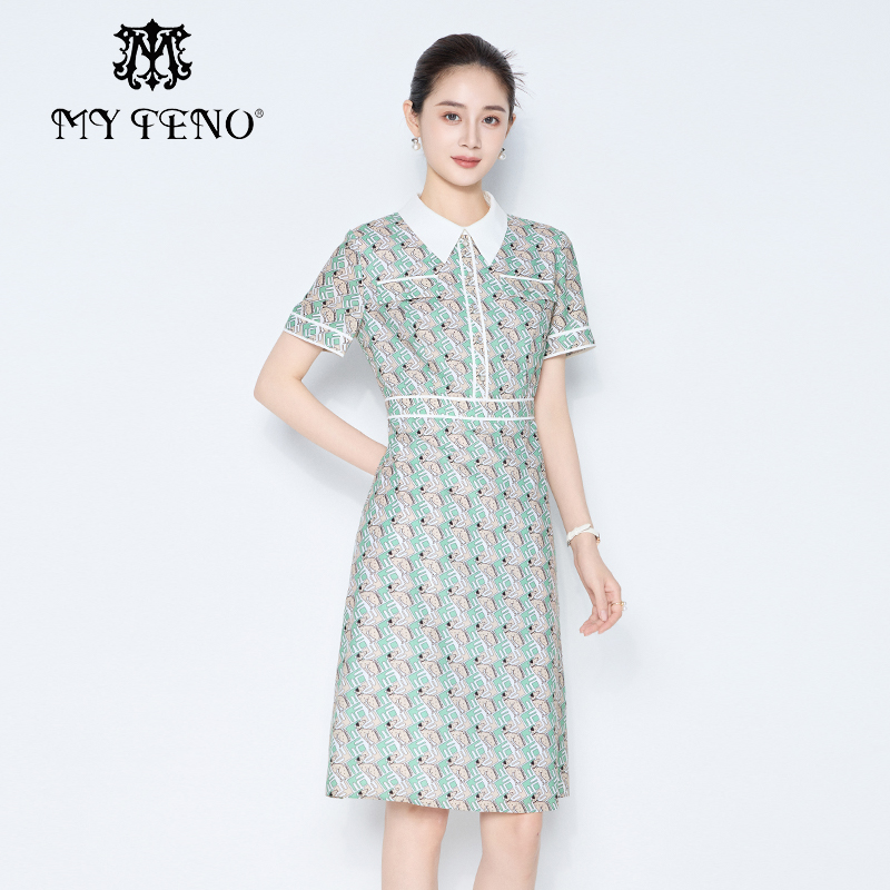 马天奴绿色印花收腰短袖连衣裙