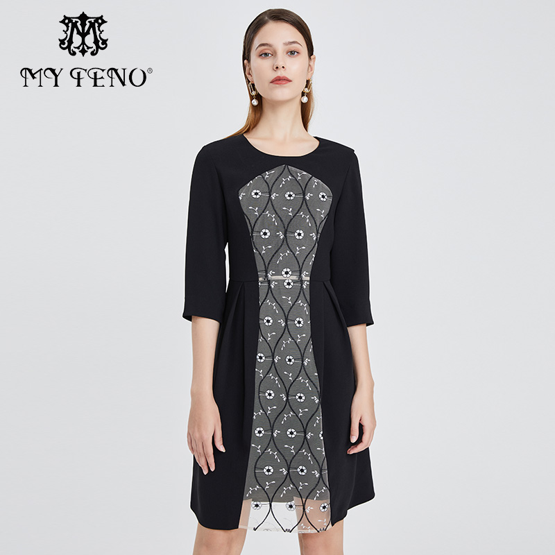 马天奴撞色印花连衣裙