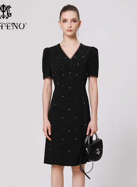 专柜正品马天奴秋冬黑色V领收腰连衣裙礼裙子气质MRA125DRB0