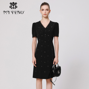 专柜正品 马天奴秋冬黑色V领收腰连衣裙礼裙子气质MRA125DRB0