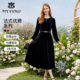 气质复古法式 马天奴2026春夏新款 钉珠圆领丝绒连衣裙子收腰长袖 女
