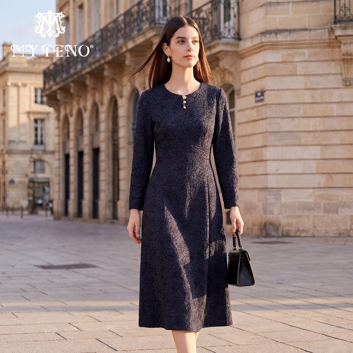 马天奴女装春秋新款提花圆领长袖收腰连衣裙子复古法式气质时尚女