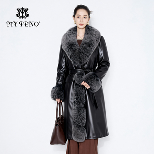 马天奴2025新款 贵气 狐狸毛领绵羊皮革皮草鹅绒羽绒服保暖外套时尚
