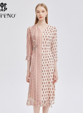 专柜正品马天奴秋冬女装V领印花雪纺连衣裙子时尚MRS169DRX0