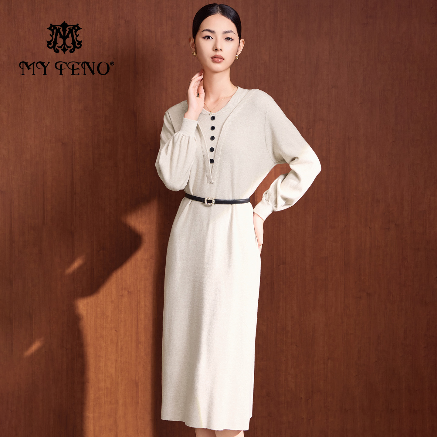 马天奴纯色长袖宽松针织连衣裙