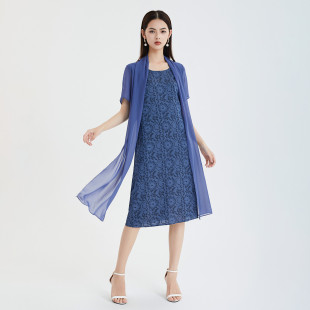 马天奴夏季 女蓝色气质百搭外搭网纱两件套印花连衣裙子气质 新款