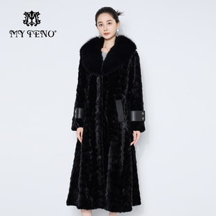 外套时尚 黑色翻领水貂毛皮草大衣收腰长款 奢华 新款 马天奴2025冬季