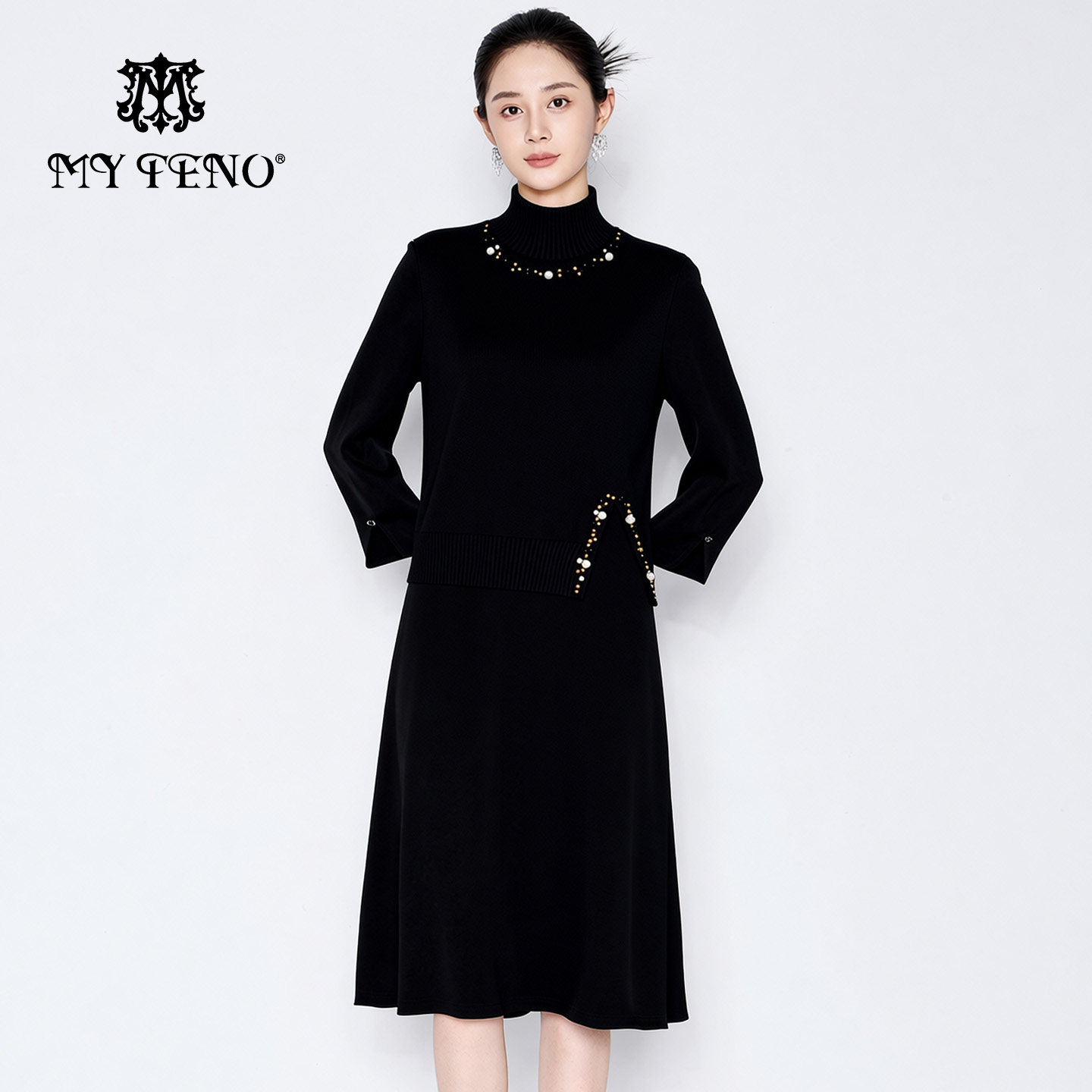 马天奴2026春夏新款黑色高领钉珠针织马甲长袖连衣裙子两件套装女,女装/女士精品,时尚套装,淘宝优惠券,粉丝福利购,淘宝优惠卷