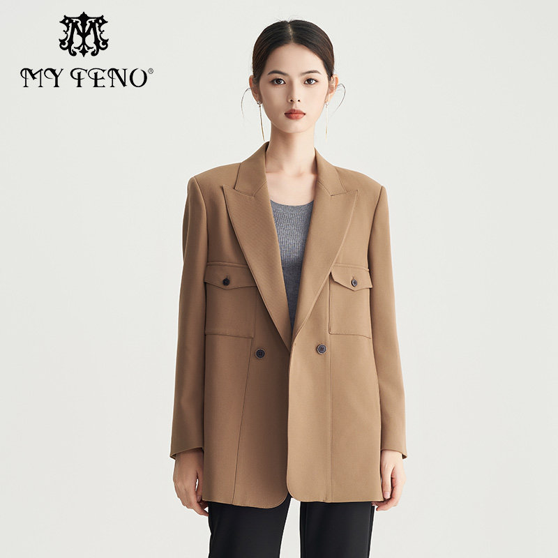 马天奴秋冬新款卡其色戗驳领两粒扣休闲垂感西装西服气质高级外套